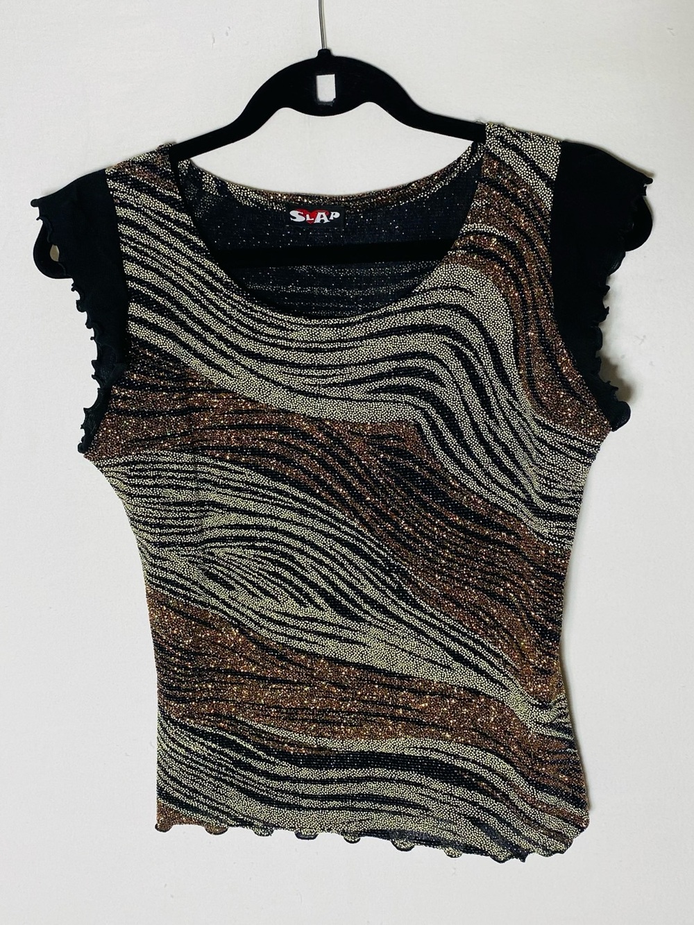 Vintage Y2K SLAP Metallic Glitter Zebra Print Cap Sleeve Top Lettuce Edge M
